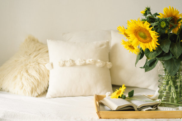 客厅室内家居静物。向日葵，咖啡和打开的书。阅读,休息。图片下载