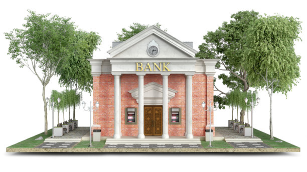 在一块地面上的经典银行建筑和家庭用地的正面视图，3d插图图片下载