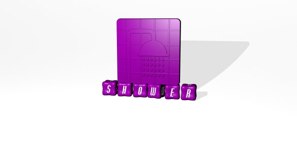 淋浴的3D表现与图标在墙上和文本安排由金属立方体字母在镜子地板上的概念含义和幻灯片演示。插图和婴儿图片下载