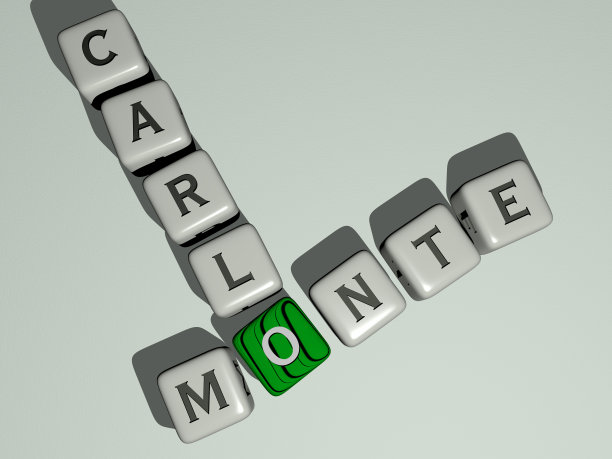 蒙特卡罗纵横字谜由立方体字母排列在镜面地板上，概念意义和呈现。意大利和视图。三维演示图片下载