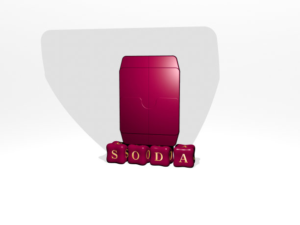 SODA的垂直3D图形图像，以及由金属立方体字母从顶部视角构建的文本，非常适合概念演示和幻灯片。饮料和背景图片下载