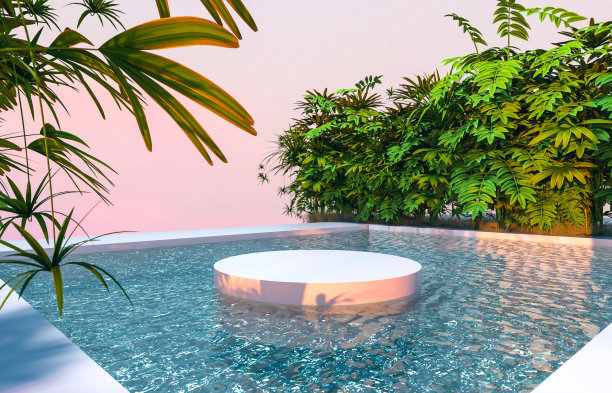 抽象的3d场景与圆柱体裙台背景在花园和水景。图片下载