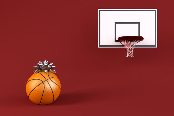 篮球与蝴蝶结丝带礼品在红色背景与复制空间的文字，概念图像体育比赛，锻炼或娱乐在竞技场为年轻人。三维渲染图片下载