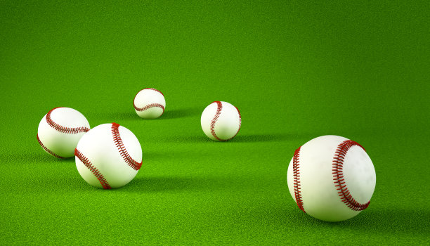 特写许多棒球与皮革球和球棒在人造草地的背景与文字空间，概念图像练习，锻炼或娱乐在体育竞技场为年轻人。三维渲染图片下载