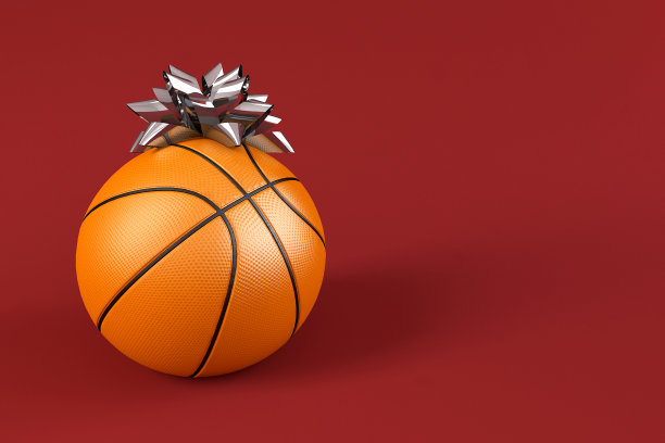 篮球与蝴蝶结丝带礼品在红色背景与复制空间的文字，概念图像体育比赛，锻炼或娱乐在竞技场为年轻人。三维渲染图片下载