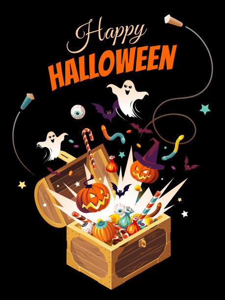 打开一个装满糖果、南瓜、鬼魂和蝙蝠的箱子。垂直横幅与卡通人物和文字隔离在黑色背景。万圣节插画。图片下载