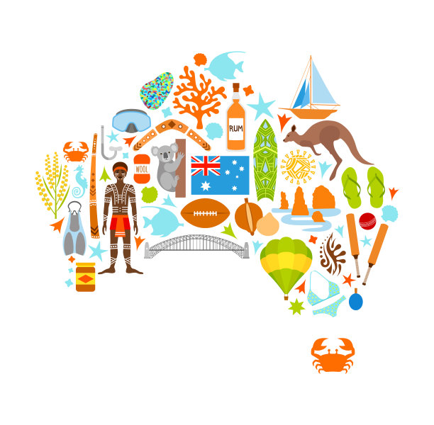 从流行的国家符号澳大利亚地图。向量。图片下载