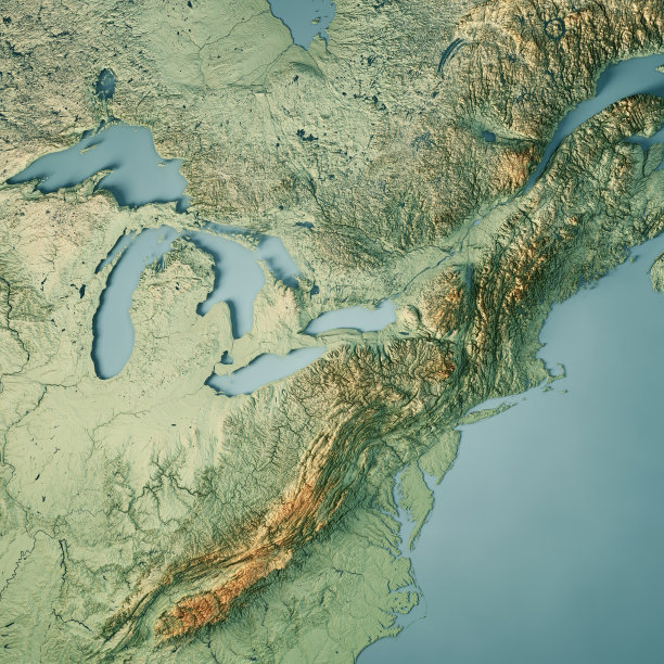 美国东北地区3D渲染地形图颜色图片下载