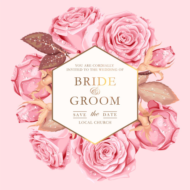 复古粉红玫瑰的婚礼请柬图片下载