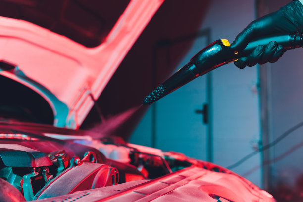 汽车细部保养，用热蒸汽清洗发动机，高压清洗。图片下载