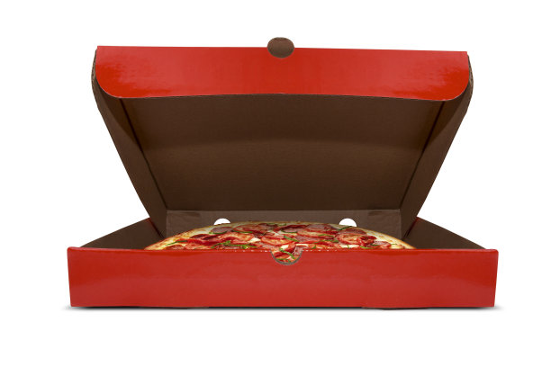 打开空白红色闪闪发光的方形披萨盒孤立在白色背景图片下载