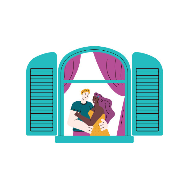 年轻夫妇在窗框与开放的蓝色图片下载