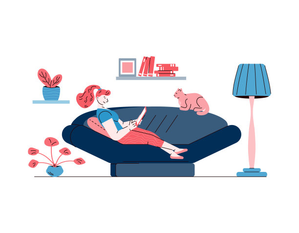 年轻的女人和猫在客厅的沙发上休息图片下载