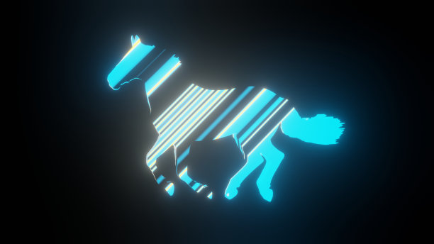 插图图形的彩色衬里纹理或图案形成在马的身体形状，孤立在黑色的背景。3d渲染抽象循环霓虹照明效果马的形状。图片下载