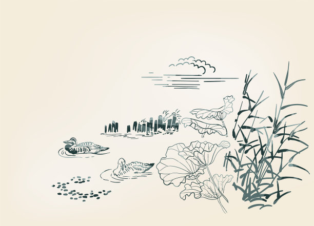 池塘鸭子牛蒡自然景观景观速写素材图片