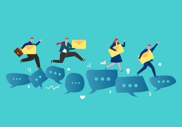 商务人士在一系列带有电子邮件的语音气泡中运行，商务人士带着任务信息出发图片下载