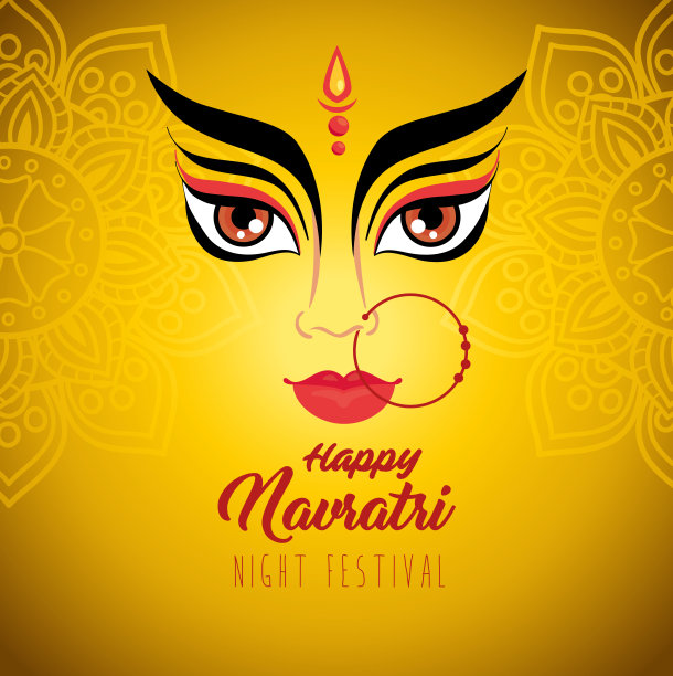 快乐的navratri庆祝海报与杜尔加的脸在黄色的背景图片下载