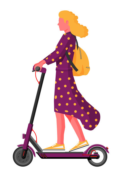 女孩背着双肩包在电动车上滚动。图片下载