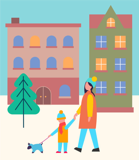 母亲和孩子一起走在城市建筑中图片下载