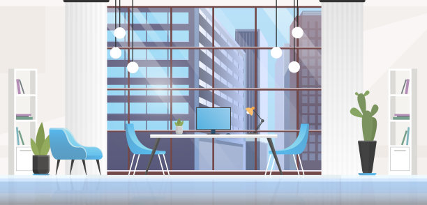 办公室室内空间矢量插画，卡通平面全景空旷的工作场所内部背景与现代办公家具，创意的室内设计图片下载
