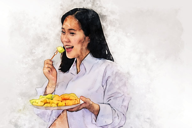 在水彩插画背景上抽象彩色孕妇进食食物。图片下载