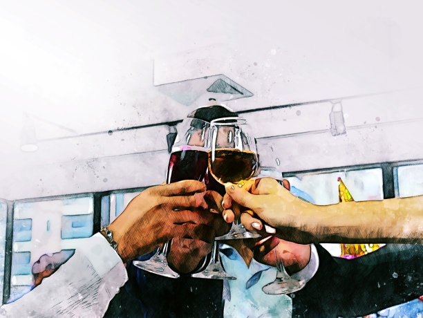 抽象多彩的快乐商务人士享受派对在办公室水彩插画画背景。图片下载