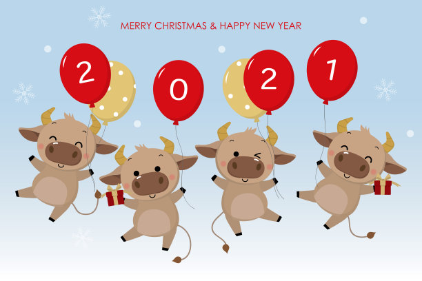 2020圣诞快乐新年好，牛年，公牛和红色气球，卡通动物节日人物矢量素材图片下载