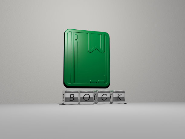 3D表示的书与图标在墙上和文本安排由金属立方体字母在镜子地板上的概念含义和幻灯片演示。插图和背景图片下载