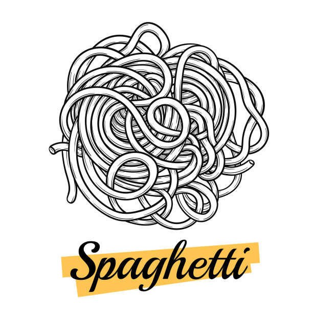 意大利面条或东方面条。传统意大利面或拉面。手绘风格的雕刻，油墨，轮廓。图片下载