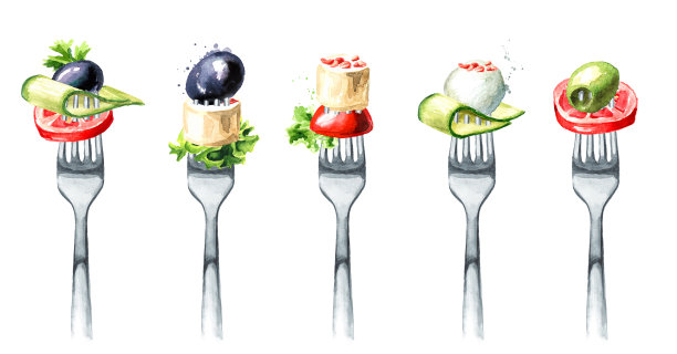 软奶酪和蔬菜零食放在叉子上。饮食观念与健康饮食。手绘水彩插图孤立的白色背景图片下载