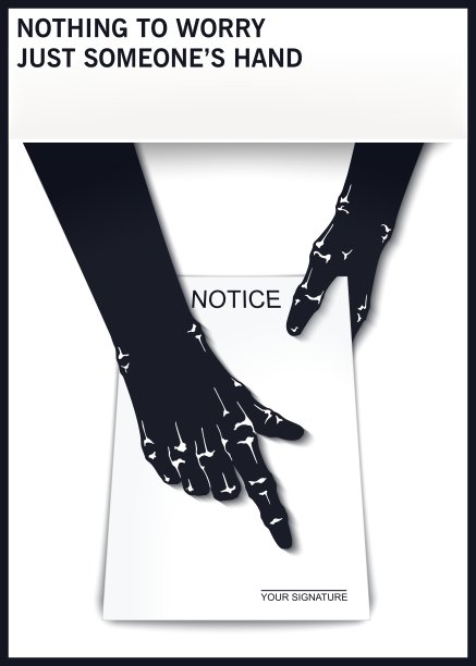 两只手握着文件等着你签字。黑白极简插图。向量模板图片下载