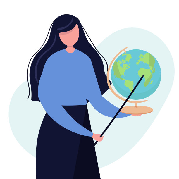 年轻的女教师正在上地球仪课。老师带着教鞭，老师展示在船上。平的。矢量插图。图片下载