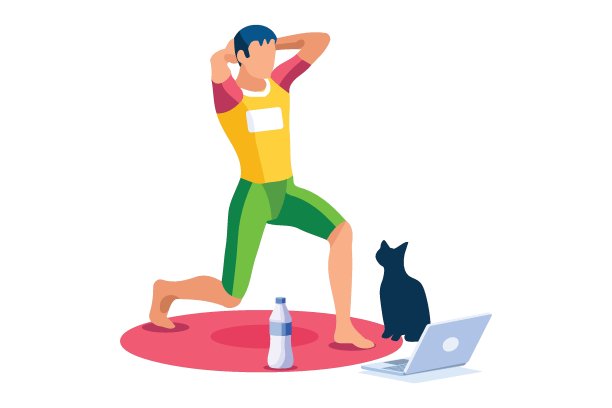 男孩健康，运动在家靠锻炼做。健康锻炼身体，家庭室内运动为男性健康。培养室内男性的身体健康观念。卡通风格矢量插图图片下载