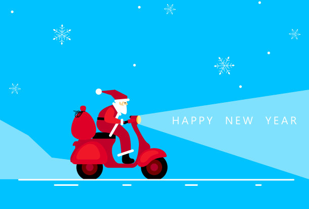 有趣可爱的圣诞老人骑在摩托车上，带着一个装满礼物的袋子图片下载