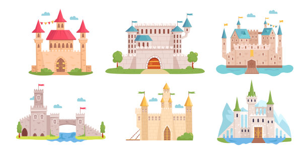中世纪城堡的集合。童话般的豪宅外。骑士城堡收藏。图片下载