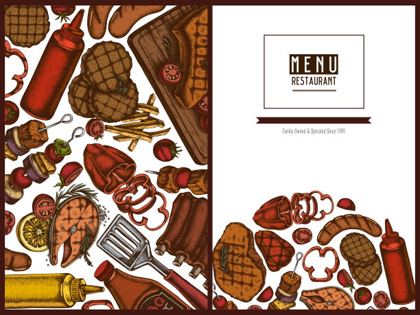 菜单封面设计有彩色抹刀，猪排，烤肉，香肠，牛排，酱汁瓶，烤汉堡肉饼，烤番茄，烤鲑鱼排，烤甜椒图片下载