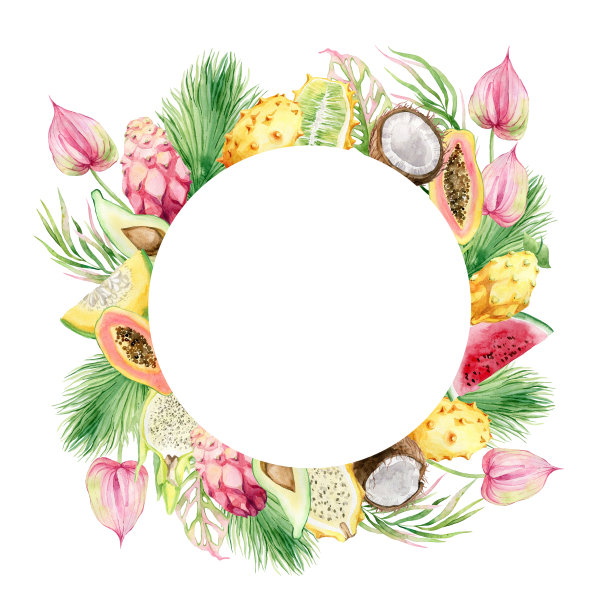 水彩画框架热带水果，花和棕榈叶。图片下载