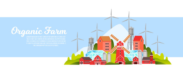 有机农场景观与磨坊，村庄房屋，风力涡轮机，谷仓，山丘，绿树。图片下载