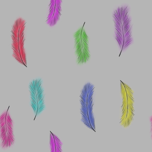 灰色背景上的彩色羽毛无缝图案。蓬松,柔软。手绘。印刷，包装，壁纸，纺织品，织物设计图片下载