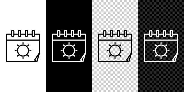 设置线日历和太阳图标隔离在黑色和白色背景。事件提醒标志。矢量图图片下载