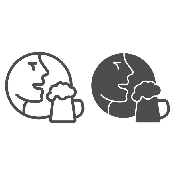 男人的脸与啤酒杯线和固体图标，精酿啤酒概念，人与玻璃标志上的白色背景，头部与啤酒图标轮廓风格的移动概念，网页设计。矢量图形。图片下载