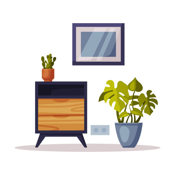 木制抽屉柜，盆栽室内植物和墙上的图片，舒适的房间室内设计，舒适的家具和家居装饰配件矢量插图图片下载