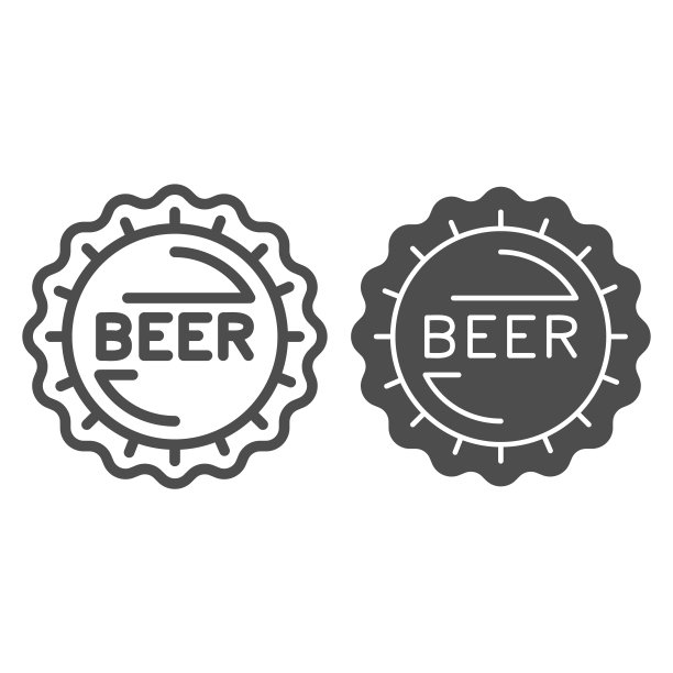 啤酒瓶盖线和固体图标，精酿啤酒概念，酒吧邮票标志在白色背景，瓶盖图标轮廓风格的移动概念和网页设计。矢量图形。图片下载
