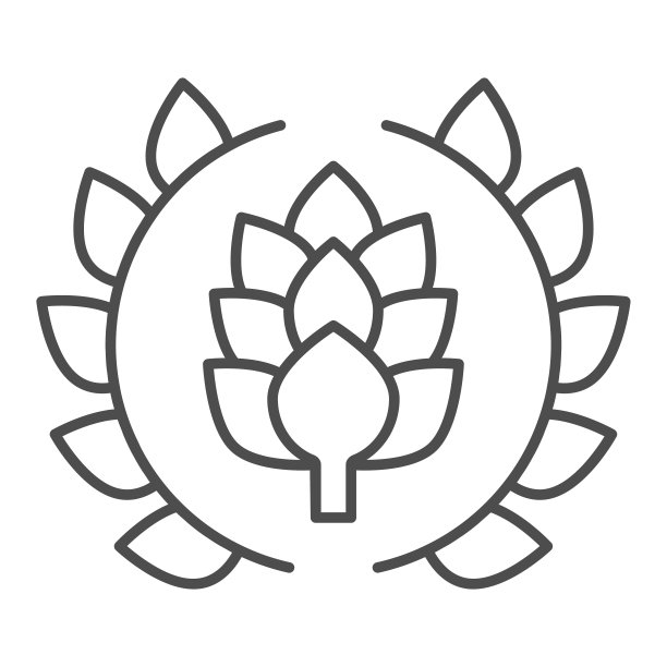 花环的叶子与啤酒花细线图标，精酿啤酒概念，啤酒标志或横幅标志在白色的背景，花环与一个啤酒花分支图标在轮廓风格的移动和网络。矢量图形。图片下载
