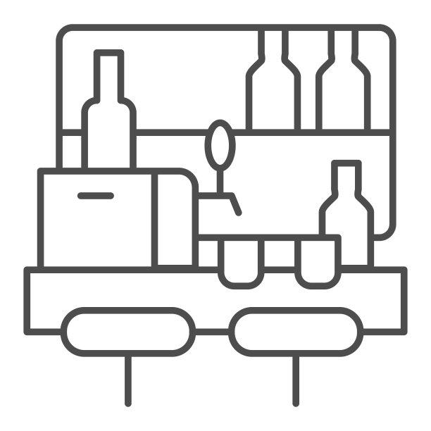 酒吧桌子与瓶子，玻璃和tap细线图标，精酿啤酒概念，酒吧柜台标志在白色背景，酒吧内部图标轮廓风格的移动概念，网页设计。矢量图形。图片下载