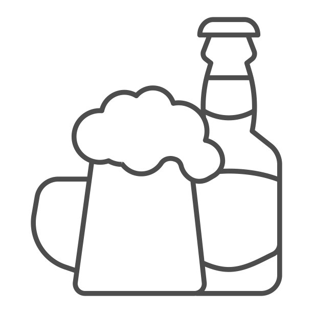 玻璃瓶和啤酒杯细线图标，精酿啤酒概念，白色背景上的酒精饮料标志，手机概念、网页设计的啤酒瓶与玻璃杯轮廓样式图标，矢量图形图片下载