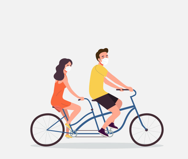 一名年轻女子和一名男子戴着口罩骑在双人自行车上。矢量平面插图图片下载