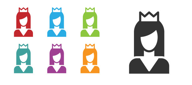 黑色公主图标孤立在白色背景。设置图标丰富多彩。向量图片下载