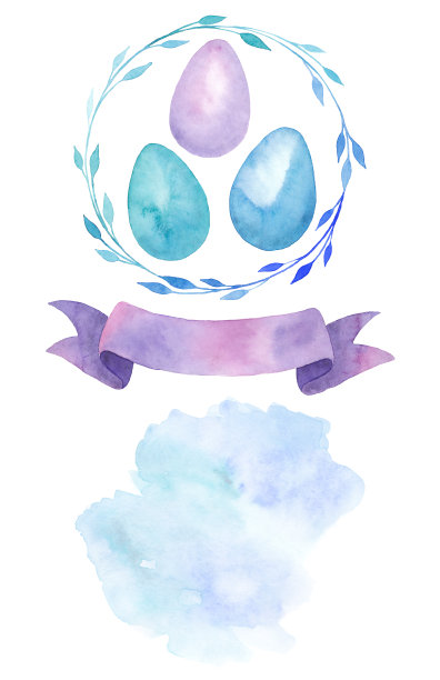 快乐复活节水彩画的元素，彩色鸡蛋与叶花环，紫色丝带横幅，抽象点，问候卡，孤立上白色图片下载