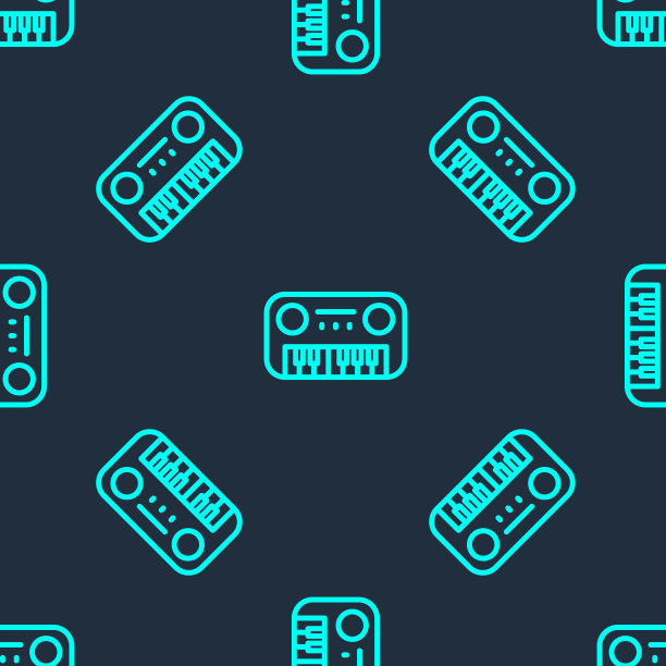 绿色线玩具钢琴图标隔离无缝模式上的蓝色背景。儿童玩具。向量图片下载